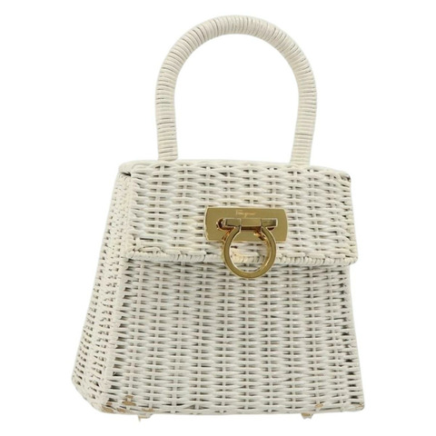 Salvatore Ferragamo Gancini 手提包 藤編 白色 金色 正品 183781A