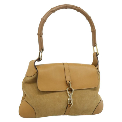 GUCCI 竹節 Jackie 肩背包 麂皮 米色 金色 001 4096 正品 184325V