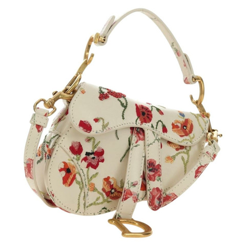 Christian Dior 馬鞍形肩背包，皮革材質，兩用，白色/金色，正品，貨號 181753SAM