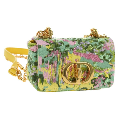 Christian Dior Caro 鏈條肩背包 帆布串珠 綠色金色 正品 182308SM