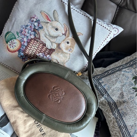 羅意威 博物館系列 蛋蛋包 綠色 啡色 皮革 斜背包 側背包  學院風 中古包包 側肩包 水桶包 復古包 古董包 復古風  腋下包  經典款 手袋  斜挎包 孭背包 單肩包古董包 斜背包vintage loewe green bag