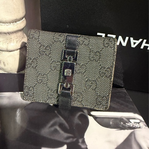 古馳 gucci 黑色老花 Jackie 1961 系列 單寧老花對開短夾 錢包 銀包 卡夾