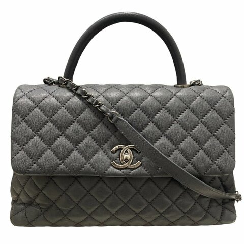 CHANEL 香奈兒 COCO HANDLE Medium 手提兩用包 荔枝牛皮 深灰色 銀釦