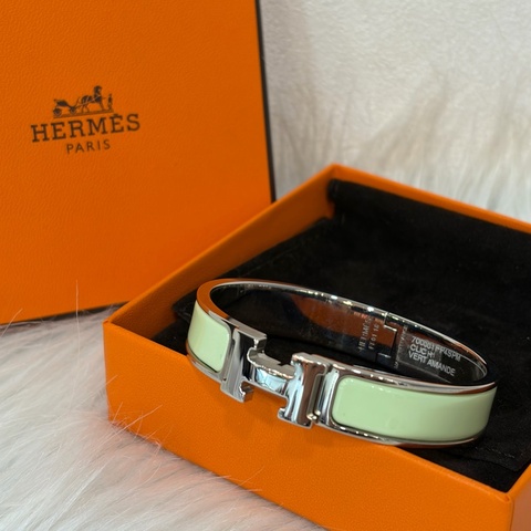 Hermes Clic H 白銀色氣泡綠琺瑯窄版手環 手鐲 琺瑯