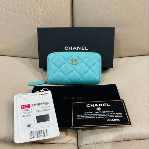 Chanel  香奈兒 湖水綠 拉鍊零錢包/錢包/荔枝牛皮/99新美品