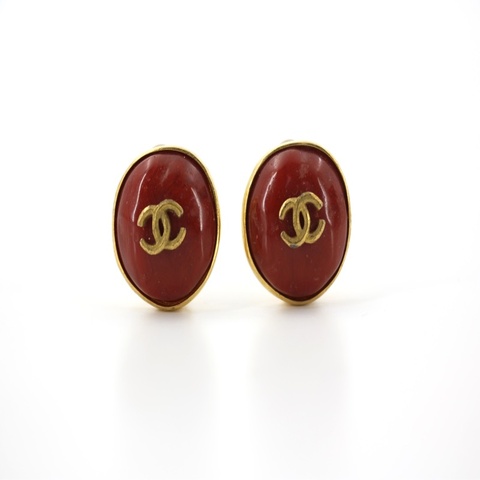 Chanel Vintage 98P 仿蜜蠟棗紅色CC logo耳環