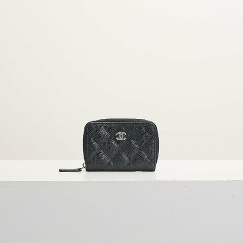 二手Chanel 新款拉鍊零錢包/黑銀牛