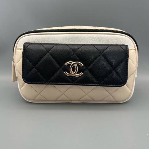 Chanel香奈兒米黑拼色腰包29開金色鏈條 S印