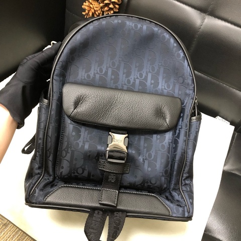 Dior迪奧滿印老花拼皮雙肩包 藍拼黑
