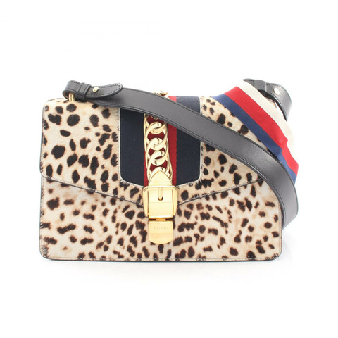 GUCCI Sylvie 小號 Web Line 單肩包 421882 皮革 米色 黑色 二手 女士