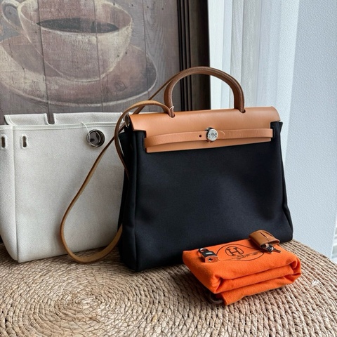 Hermes愛馬仕 Herbag31 帆布黑棕拼皮銀扣單肩包