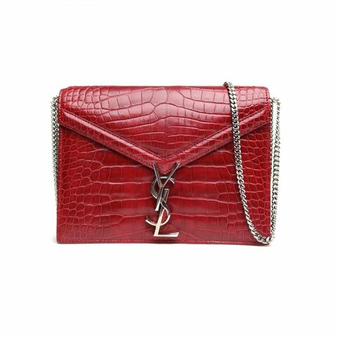 SAINT LAURENT 紅色鱷魚皮銀扣CASSANDRA信封鏈條包肩背包