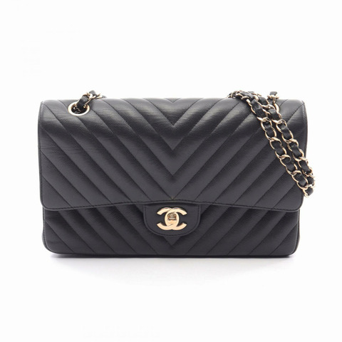 香奈兒 (CHANEL) 人字紋 V 型縫線雙蓋單肩背包 A01112 小牛皮 黑色 金色五金 二手