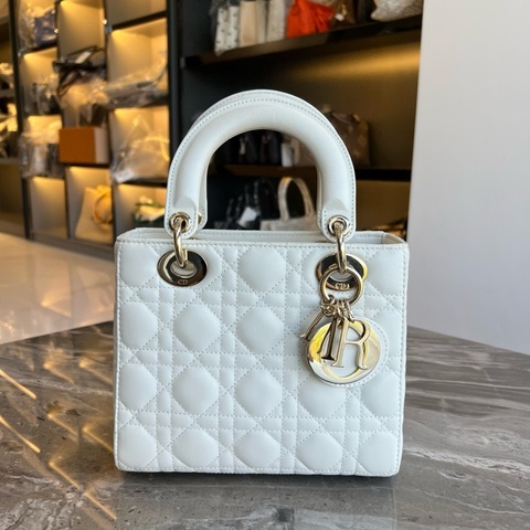 DIOR迪奧 Lady Dior  戴妃五格手提包斜挎包單肩包 淺金色五金 藤格紋小羊皮 附件：肩帶