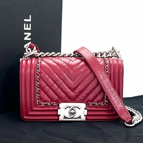 CHANEL/香奈兒紅色銀扣Leboy小號V紋單肩斜挎包