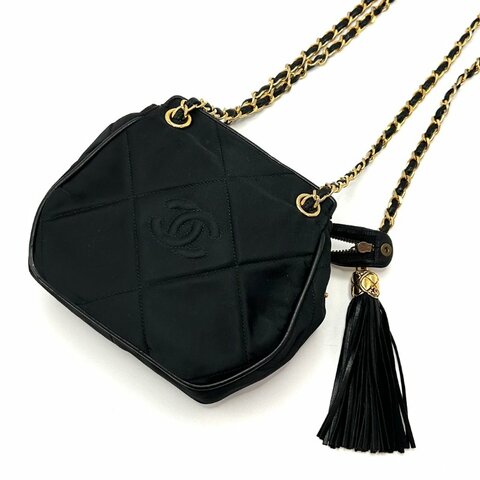 CHANEL/香奈兒中古黑金緞面流蘇單肩斜挎包