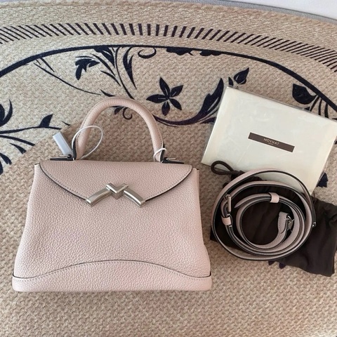 【莫奈】Moynat 豆沙粉灰手提包斜挎包 銀扣 附件：肩帶