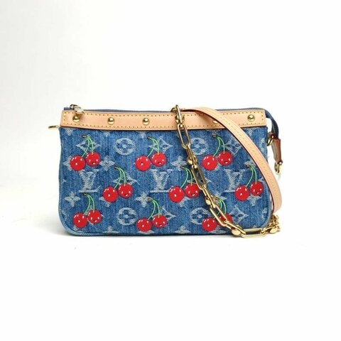 LOUIS VUITTON TAKASHIMURAKAMI村上隆聯名櫻桃系列牛仔藍金扣晶片肩背包