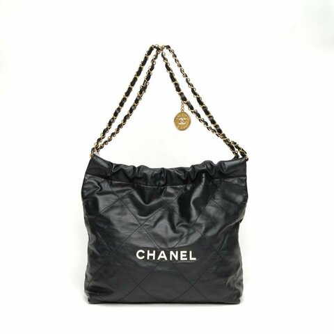 CHANEL 22BagTote托特包小號黑色牛皮晶片白扣肩背包