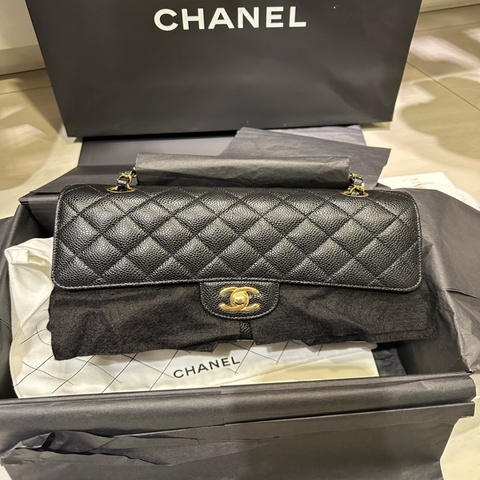香奈兒 Chanel cf25 荔枝牛皮 黑金 經典11.12口蓋包 25cm