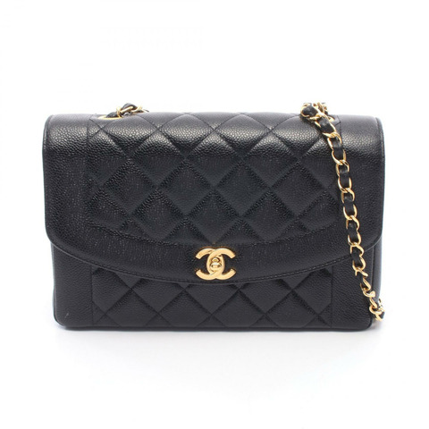 香奈兒 (CHANEL) 絎縫 Diana 翻蓋鏈條肩背包，黑色小牛皮，二手，雙C標誌