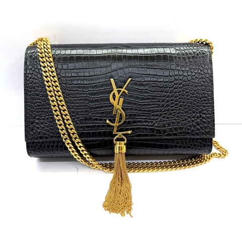 YSL 聖羅蘭 黑色KATE ENVELOPE TASSLE CROCODILE EMBOSSED 鏈條肩背包 斜背包354119