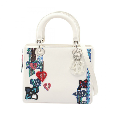 Christian Dior LADY DIOR 亮片刺繡貼片肩挎包 白色皮革