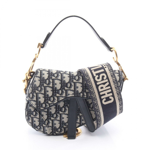 Christian Dior SADDLE Oblique 肩包帆布皮革海軍藍米色二手