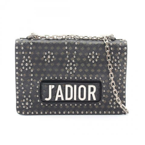 Christian Dior J'ADIOR 鏈條鉚釘單背包，黑色卡其色皮革，二手