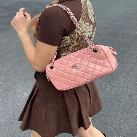 香奈兒/chanel 粉色菱格紋相機包 12開 底長25
