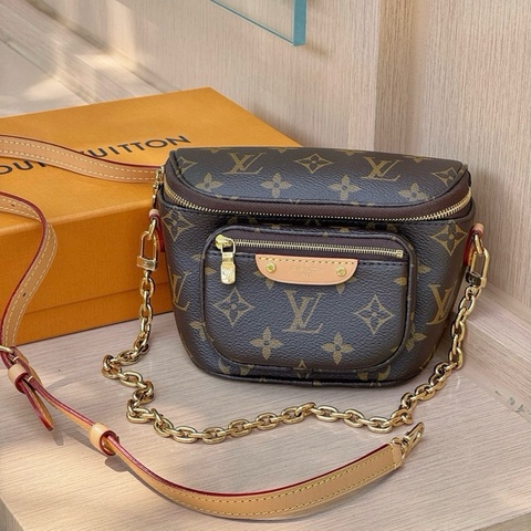 🧡LV 路易威登miniBumbag 老花腰包 單肩包斜背包 芯片款 配件：鏈條肩帶 塵袋