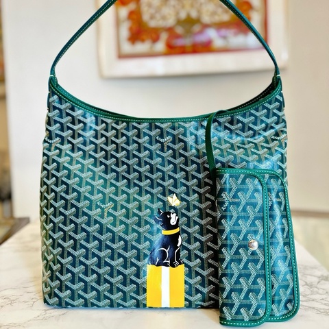 戈雅 GOYARD Boheme Hobo Y字老花滿印綠色限量款彩繪法鬥狗帆布腋下包子母包單肩包手提包  34cm底長