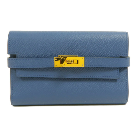 HERMES Epsom皮革Kelly Depliant Medium長錢包Bleu Agate