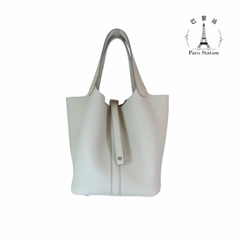 【巴黎站二手名牌專賣店】＊全新現貨＊HERMES 愛馬仕 真品＊W刻 PICOTIN22 奶昔白牛皮銀釦手提包 菜籃子