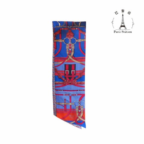 【巴黎站二手名牌專賣店】＊現貨＊HERMES 愛馬仕 真品＊Maxi Twilly 經典大馬術圖騰 藍紅色 雙面花色真絲長絲巾