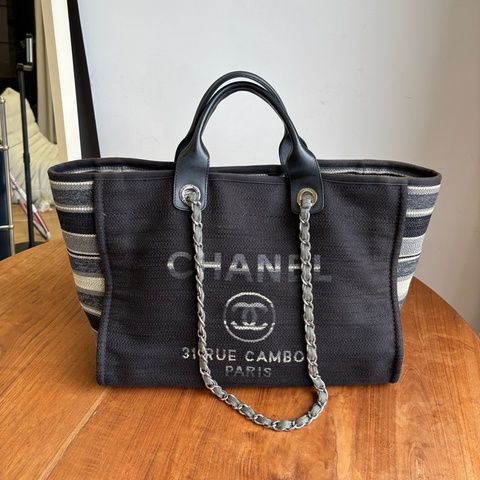 Chanel香奈兒 深色條紋沙灘包單肩包托特包
