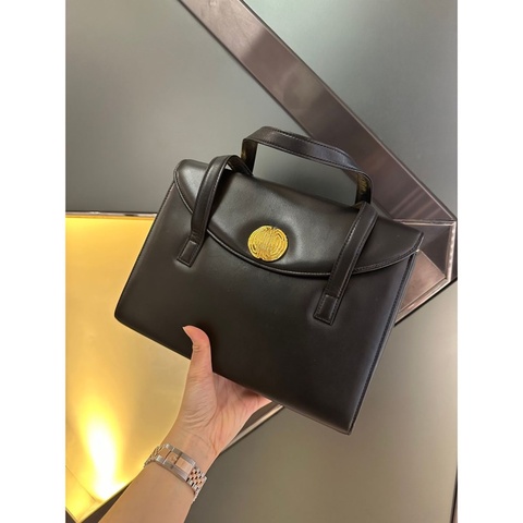 紀梵希 Givenchy 中古 絕版vintage 古董手提包 黑色皮革 托特包 金色雕花圓扣