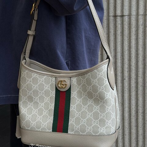 JY0406-GUCCI Ophidia GG米灰滾邊牛皮綠紅織帶肩背包 781402