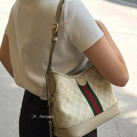 JY0406-GUCCI Ophidia GG米灰滾邊牛皮綠紅織帶肩背包 781402