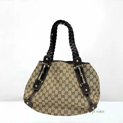 JY0355-GUCCI 緹花布拼咖啡色編織牛皮變形蟲肩背包162900