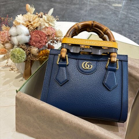 *SHIHNA名牌精品* GUCCI 竹節提把mini牛皮手提/斜背托特包(藍色)