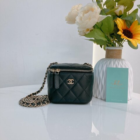 MS0737 Chanel 香奈兒 鏈條 化妝盒子 迷你 顆粒牛皮 魚子醬牛皮 黑色 金扣 Vanity Case Mini 10cm With Chain Grianed Calfskin Black x GHW