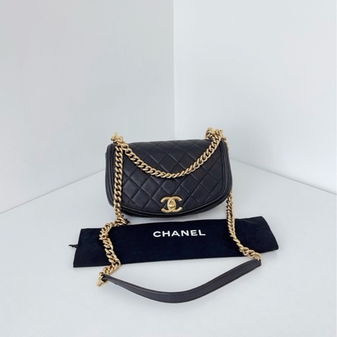 💎Chanel香奈兒｜黑金半月鏈條馬鞍包｜牛皮菱格雙環+CF旋扣｜98新