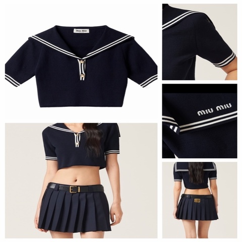 二手精品自賣❤️Miu Miu海軍風🚢羊絨船領針織短版合身短袖上衣.近新.36/S號