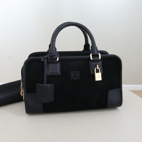 Loewe 羅意威 Amazona 女士手提包，黑色麂皮拼牛皮金扣