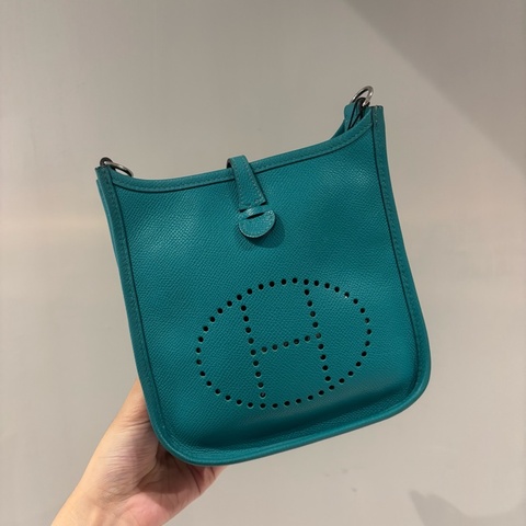 Hermes 孔雀藍銀扣mini evelyne/Ｘ刻