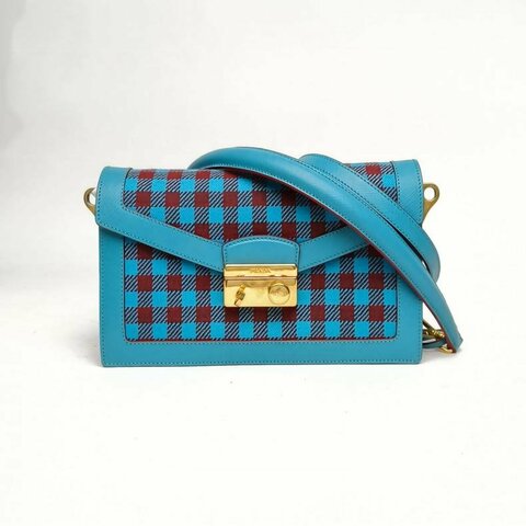 PRADA 藍色牛皮帆布金扣格子單肩包