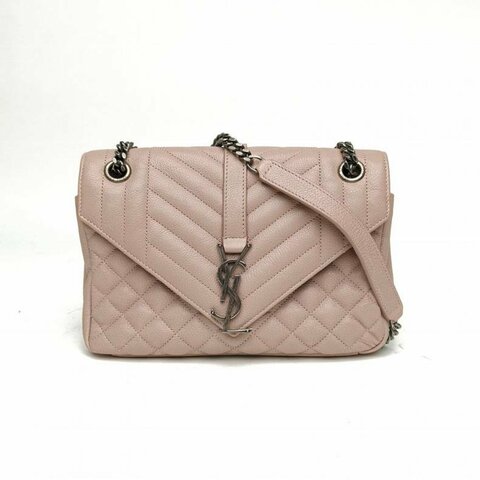 SAINT LAURENT Envelope絎縫紋理信封包中號奶茶色銀扣肩背包