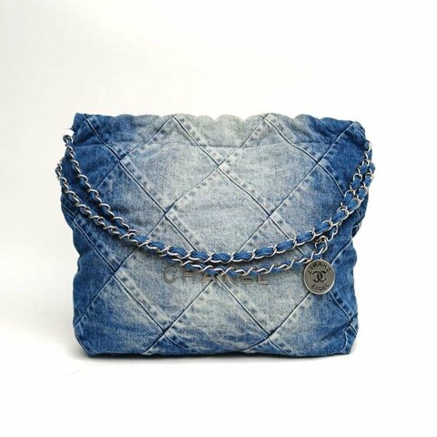 CHANEL 22BagTote托特包小號牛仔藍晶片銀扣肩背包