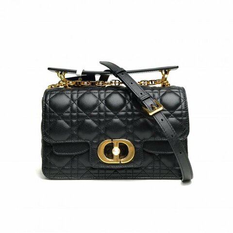 DIOR 黑色牛皮金扣Jolie金標Logo藤格紋絎縫肩背包